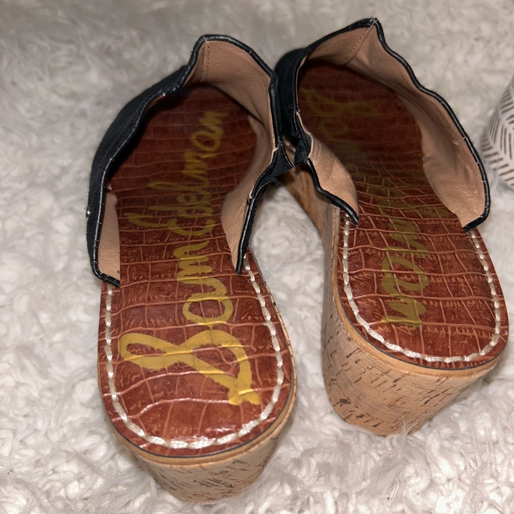 50%offw❤️ Sam Edelman Cork black suede platform mules 8 flaw wear heel see photo - Picture 4 of 6
